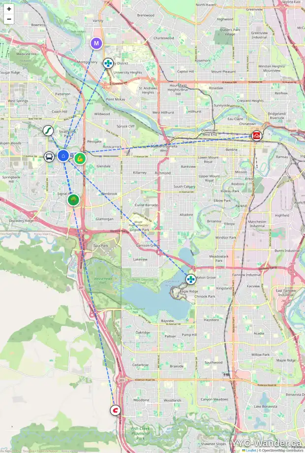 Daily accessibility map for 23 99 CHRISTIE PT SW, Calgary showing nearby schools, grocery stores, parks, LRT stations and nearby amenities
