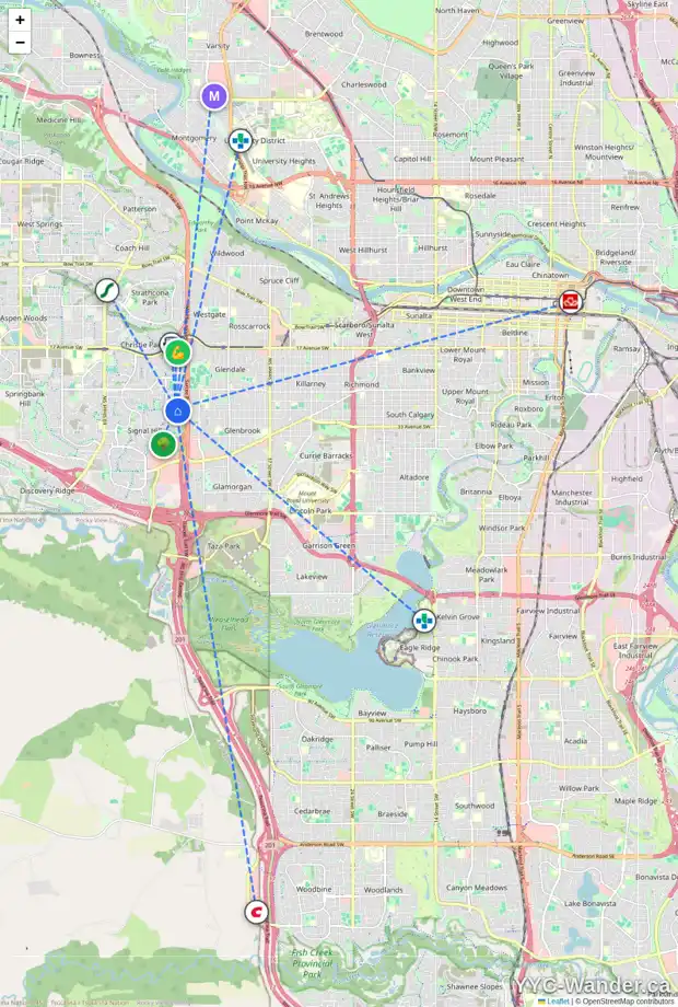 Daily accessibility map for 108 SIGNAL HILL PL SW, Calgary showing nearby schools, grocery stores, parks, LRT stations and nearby amenities