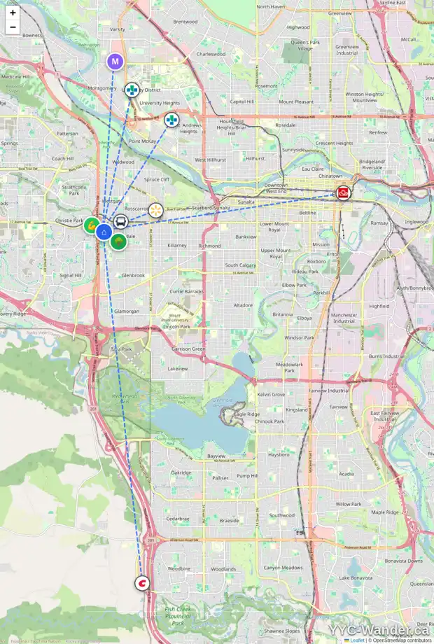 Daily accessibility map for 50 GRANADA DR SW, Calgary showing nearby schools, grocery stores, parks, LRT stations and nearby amenities