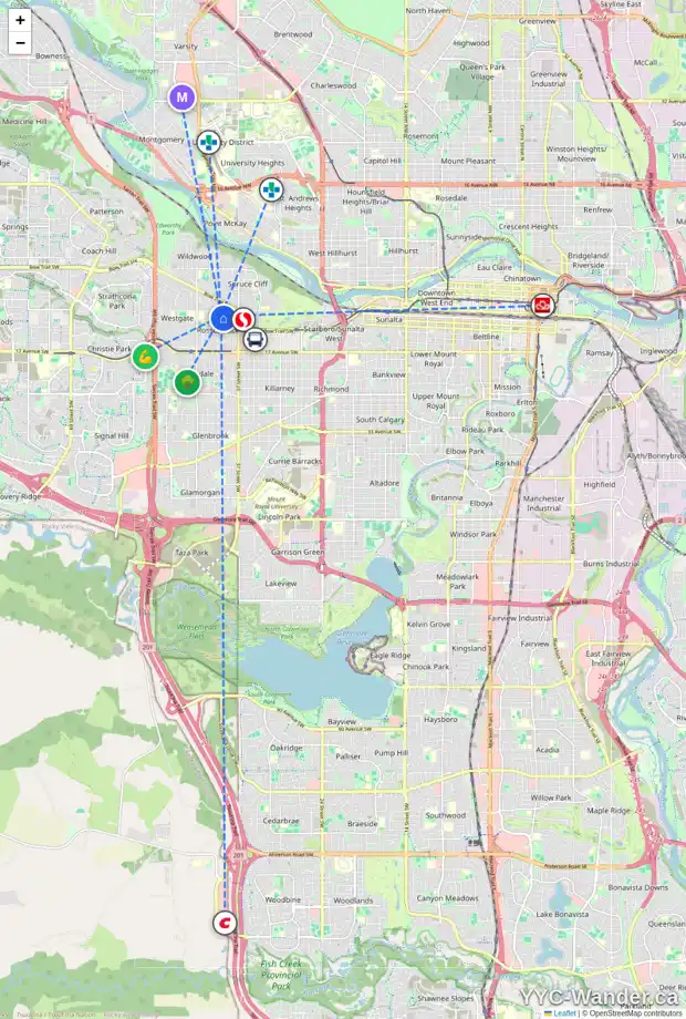 Daily accessibility map for 929 40 ST SW, Calgary showing nearby schools, grocery stores, parks, LRT stations and nearby amenities