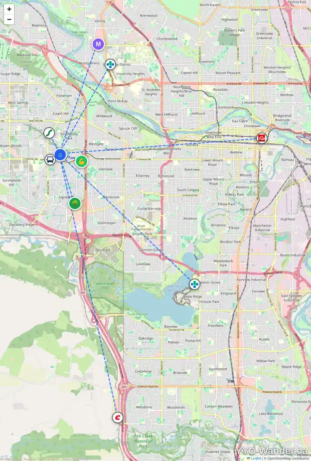 Daily accessibility map for 8 CHRISTIE CAIRN HE SW, Calgary showing nearby schools, grocery stores, parks, LRT stations and nearby amenities