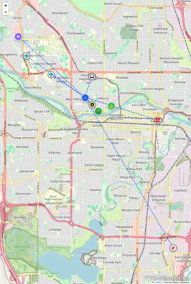 Daily accessibility map for 2107 4 AV NW, Calgary showing nearby schools, grocery stores, parks, LRT stations and nearby amenities