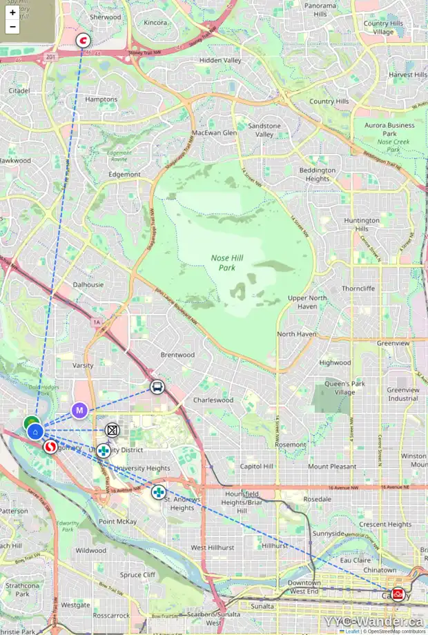 Daily accessibility map for 40 BOW LD NW, Calgary showing nearby schools, grocery stores, parks, LRT stations and nearby amenities