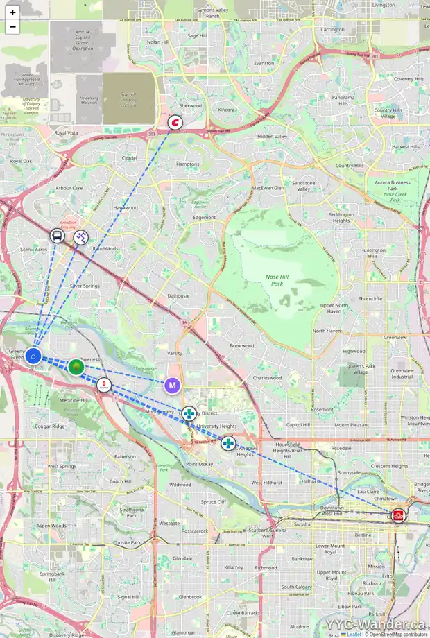 Daily accessibility map for 3223 83 ST NW, Calgary showing nearby schools, grocery stores, parks, LRT stations and nearby amenities