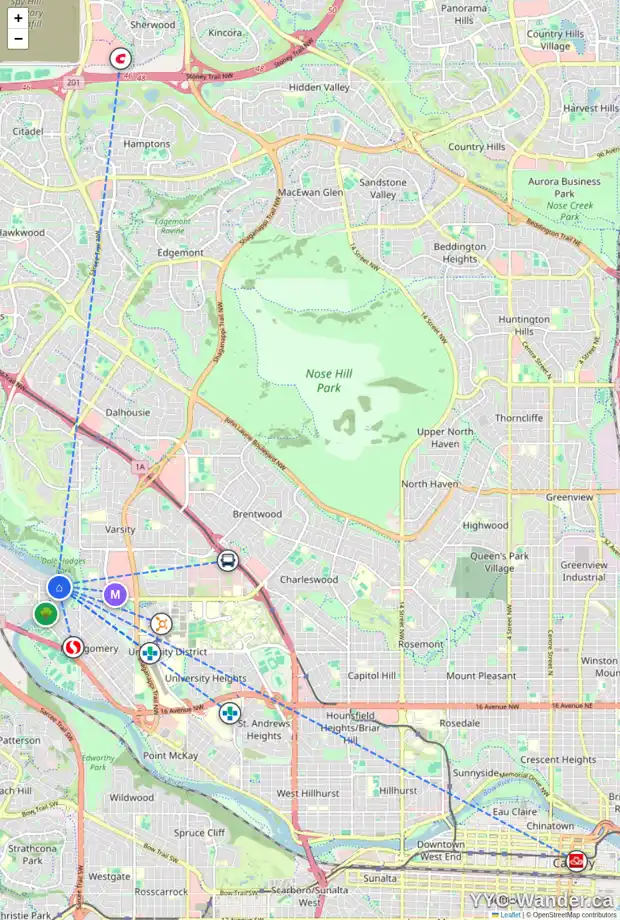 Daily accessibility map for 5927 BOW CR NW, Calgary showing nearby schools, grocery stores, parks, LRT stations and nearby amenities