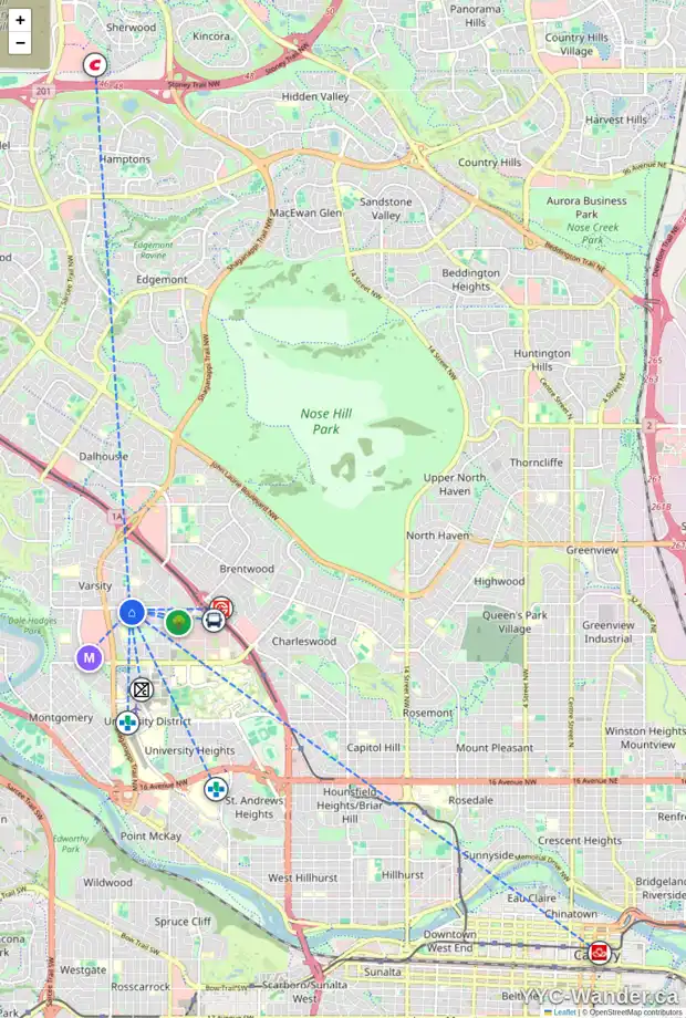 Daily accessibility map for 6 VARSHAVEN PL NW, Calgary showing nearby schools, grocery stores, parks, LRT stations and nearby amenities