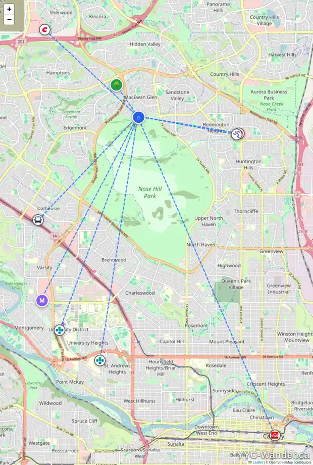 Daily accessibility map for 200 MACEWAN PARK GR NW, Calgary showing nearby schools, grocery stores, parks, LRT stations and nearby amenities