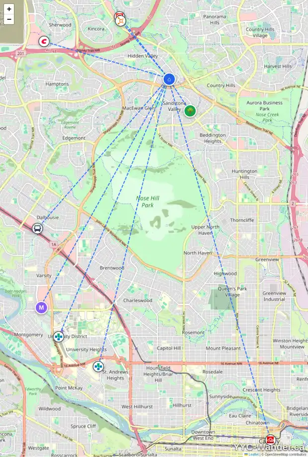 Daily accessibility map for 88 HIDDEN VALE CR NW, Calgary showing nearby schools, grocery stores, parks, LRT stations and nearby amenities