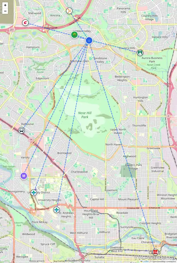 Daily accessibility map for 10066 HIDDEN VALLEY DR NW, Calgary showing nearby schools, grocery stores, parks, LRT stations and nearby amenities