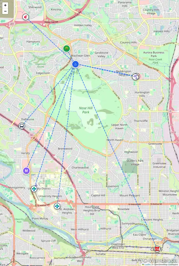Daily accessibility map for 132 MACEWAN PARK VW NW, Calgary showing nearby schools, grocery stores, parks, LRT stations and nearby amenities