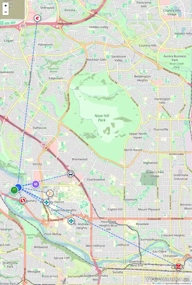 Daily accessibility map for 5860 BOW CR NW, Calgary showing nearby schools, grocery stores, parks, LRT stations and nearby amenities