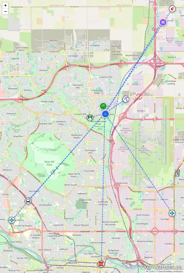 Daily accessibility map for 902 HARVEST HILLS DR NE, Calgary showing nearby schools, grocery stores, parks, LRT stations and nearby amenities