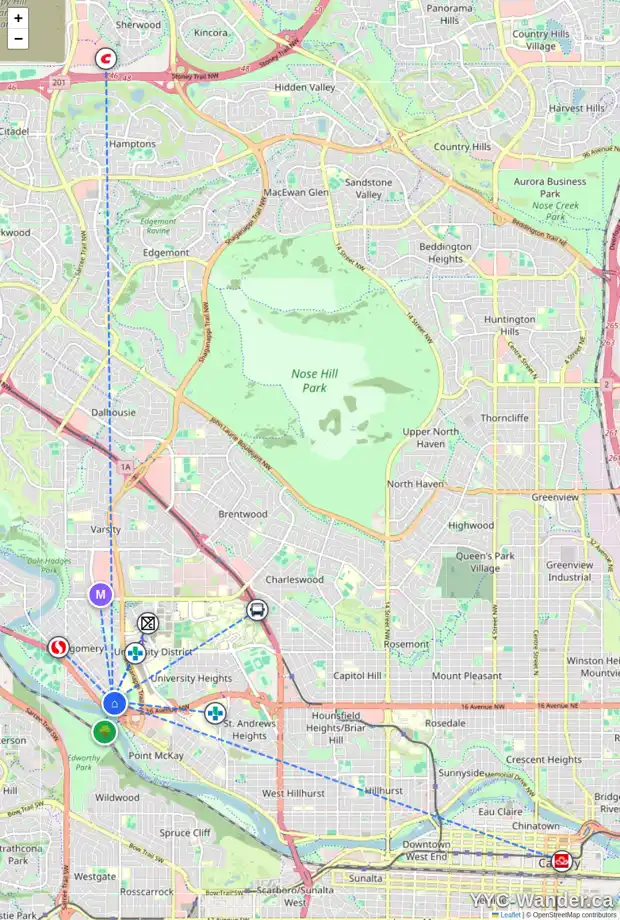 Daily accessibility map for 1830 42 ST NW, Calgary showing nearby schools, grocery stores, parks, LRT stations and nearby amenities