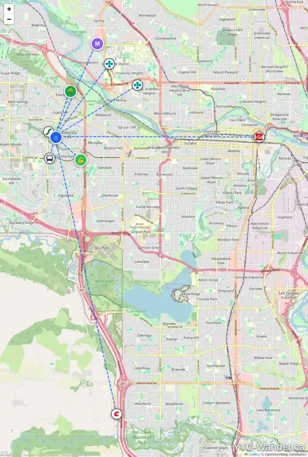 Daily accessibility map for 43 STRATHAVEN CI SW, Calgary showing nearby schools, grocery stores, parks, LRT stations and nearby amenities