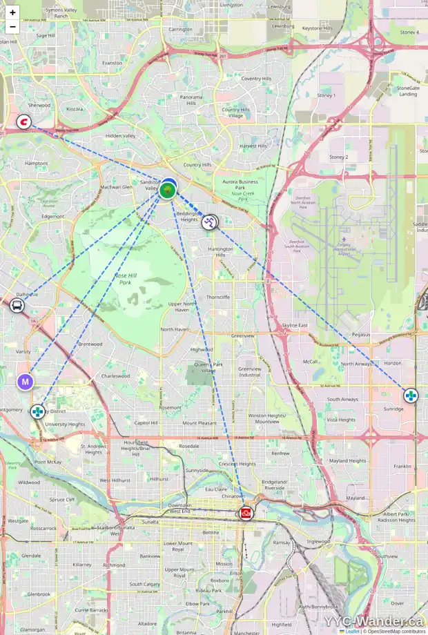 Daily accessibility map for 153 SANDPIPER LN NW, Calgary showing nearby schools, grocery stores, parks, LRT stations and nearby amenities