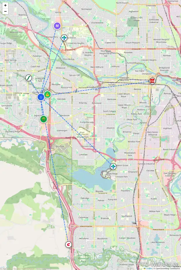Daily accessibility map for 308 SIGNATURE CO SW, Calgary showing nearby schools, grocery stores, parks, LRT stations and nearby amenities