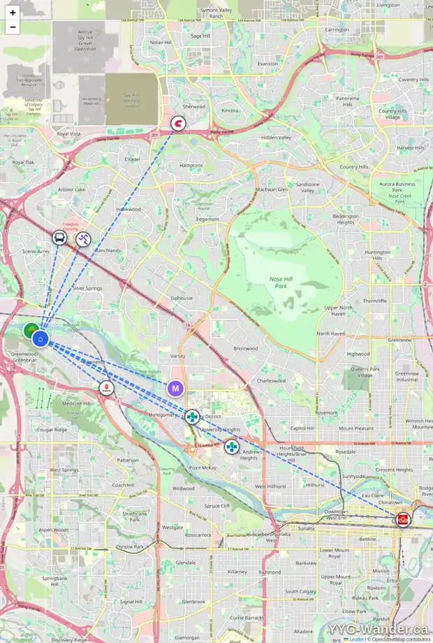 Daily accessibility map for 8904 48 AV NW, Calgary showing nearby schools, grocery stores, parks, LRT stations and nearby amenities