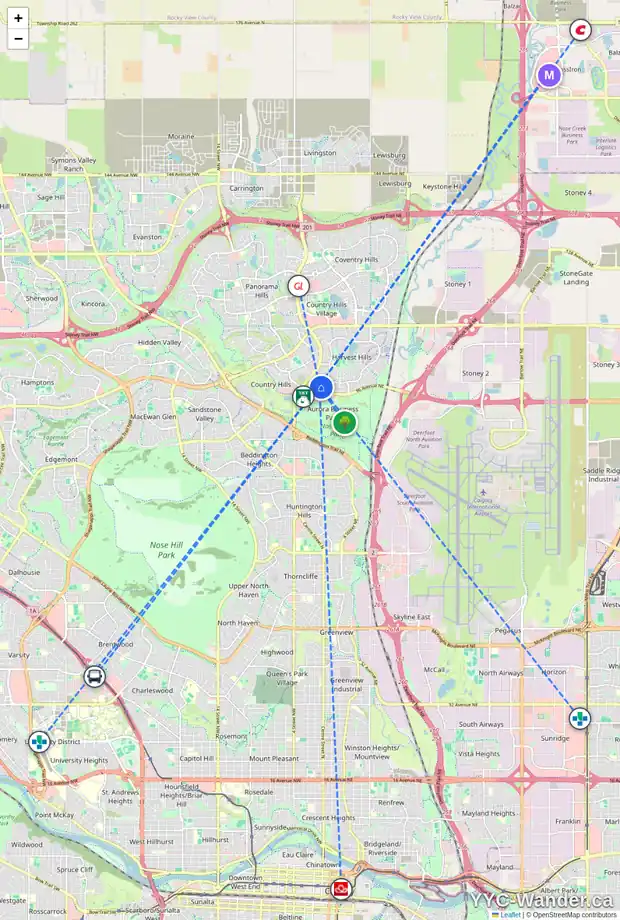 Daily accessibility map for 2106 20 HARVEST ROSE PA NE, Calgary showing nearby schools, grocery stores, parks, LRT stations and nearby amenities