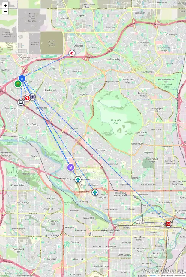 Daily accessibility map for 36 ARBOUR CREST TC NW, Calgary showing nearby schools, grocery stores, parks, LRT stations and nearby amenities