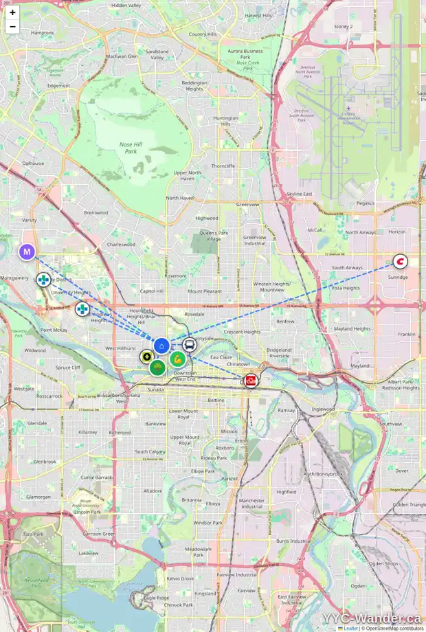 Daily accessibility map for 422 16 ST NW, Calgary showing nearby schools, grocery stores, parks, LRT stations and nearby amenities