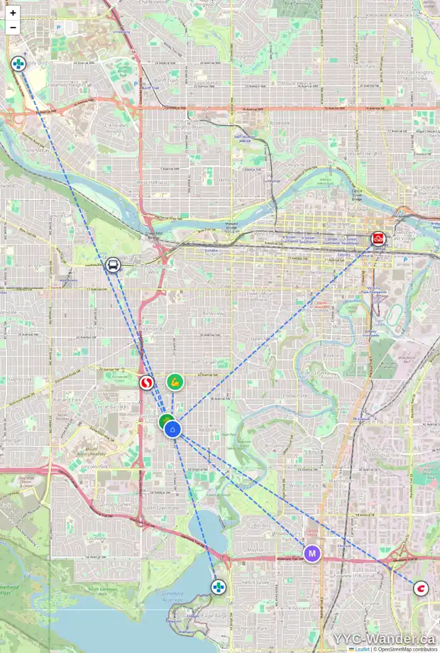 Daily accessibility map for 37 MOREUIL CO SW, Calgary showing nearby schools, grocery stores, parks, LRT stations and nearby amenities