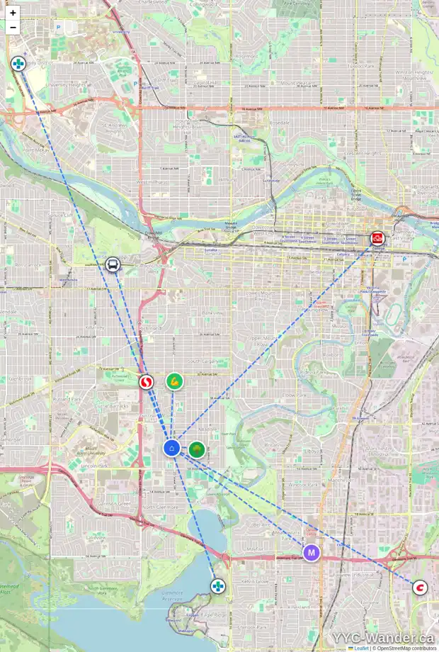 Daily accessibility map for 4700 QUENTIN ST SW, Calgary showing nearby schools, grocery stores, parks, LRT stations and nearby amenities