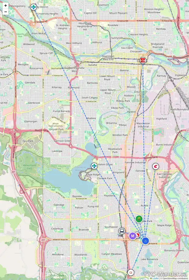 Daily accessibility map for 512 WILLACY DR SE, Calgary showing nearby schools, grocery stores, parks, LRT stations and nearby amenities