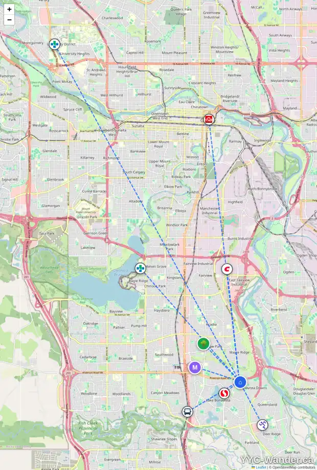 Daily accessibility map for 1115 LAKE WAPTA WY SE, Calgary showing nearby schools, grocery stores, parks, LRT stations and nearby amenities