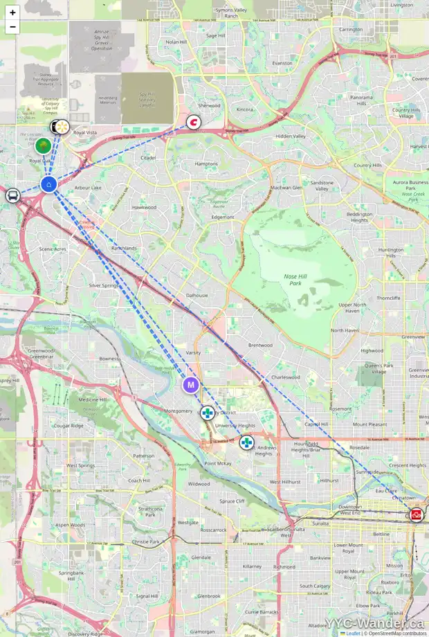 Daily accessibility map for 125 ROYAL CREST BA NW, Calgary showing nearby schools, grocery stores, parks, LRT stations and nearby amenities