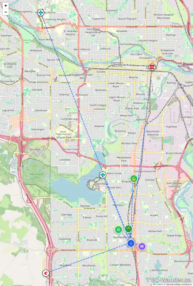 Daily accessibility map for 328 SABRINA BA SW, Calgary showing nearby schools, grocery stores, parks, LRT stations and nearby amenities