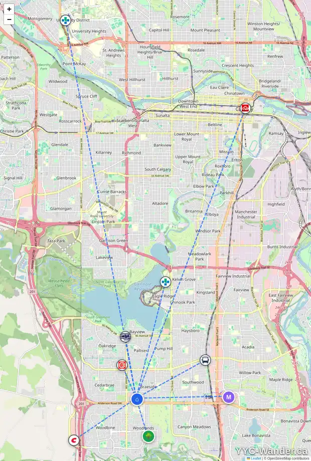 Daily accessibility map for 983 BRACEWOOD RI SW, Calgary showing nearby schools, grocery stores, parks, LRT stations and nearby amenities