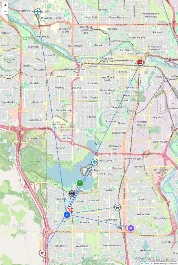 Daily accessibility map for 411 CEDARPARK DR SW, Calgary showing nearby schools, grocery stores, parks, LRT stations and nearby amenities