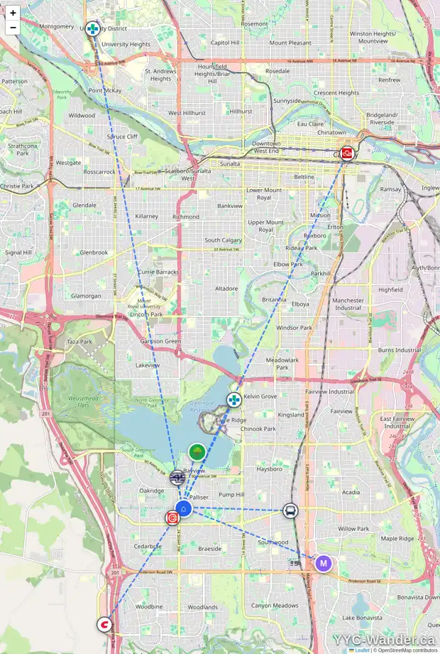 Daily accessibility map for 2428 98 AV SW, Calgary showing nearby schools, grocery stores, parks, LRT stations and nearby amenities