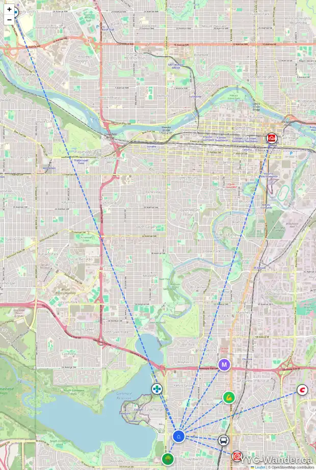 Daily accessibility map for 2 HOLDEN RD SW, Calgary showing nearby schools, grocery stores, parks, LRT stations and nearby amenities