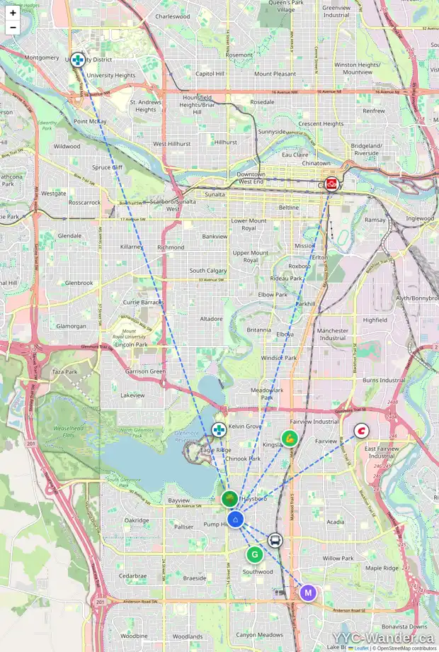 Daily accessibility map for 31 HOBART RD SW, Calgary showing nearby schools, grocery stores, parks, LRT stations and nearby amenities