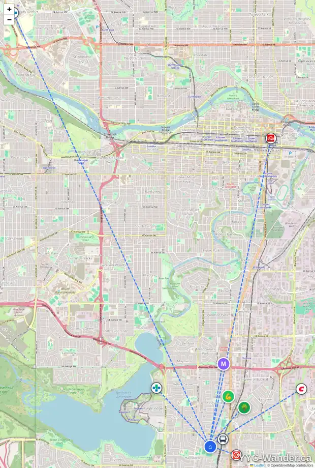 Daily accessibility map for 33 HYSLOP DR SW, Calgary showing nearby schools, grocery stores, parks, LRT stations and nearby amenities