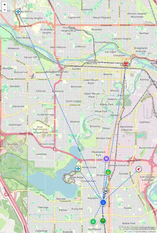 Daily accessibility map for 26 HARROW PL SW, Calgary showing nearby schools, grocery stores, parks, LRT stations and nearby amenities
