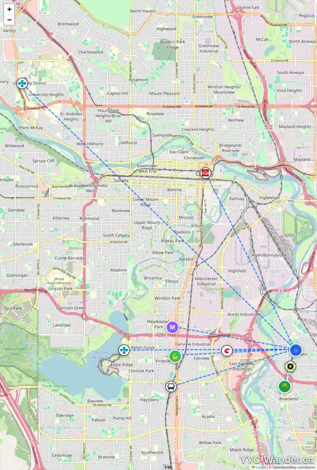Daily accessibility map for 7027 20 ST SE, Calgary showing nearby schools, grocery stores, parks, LRT stations and nearby amenities
