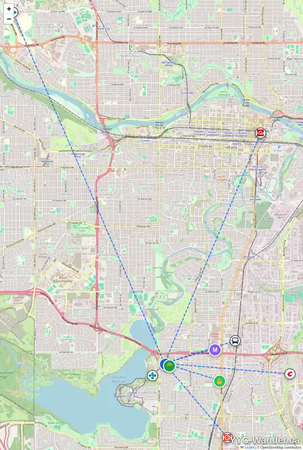 Daily accessibility map for 1332 KELOWNA CR SW, Calgary showing nearby schools, grocery stores, parks, LRT stations and nearby amenities