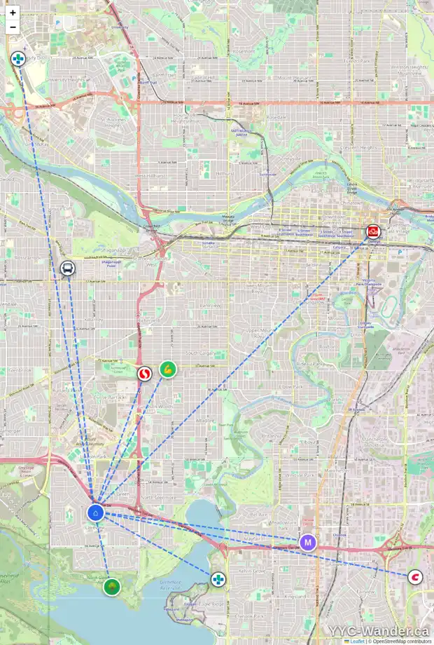 Daily accessibility map for 3140 LEDUC CR SW, Calgary showing nearby schools, grocery stores, parks, LRT stations and nearby amenities