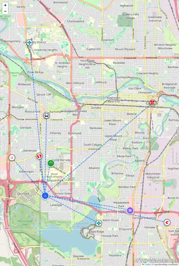 Daily accessibility map for 5716 LAWSON PL SW, Calgary showing nearby schools, grocery stores, parks, LRT stations and nearby amenities