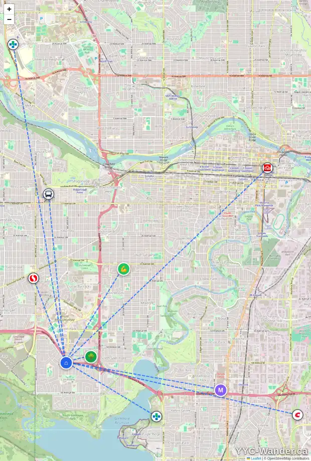 Daily accessibility map for 6127 LOCKINVAR RD SW, Calgary showing nearby schools, grocery stores, parks, LRT stations and nearby amenities