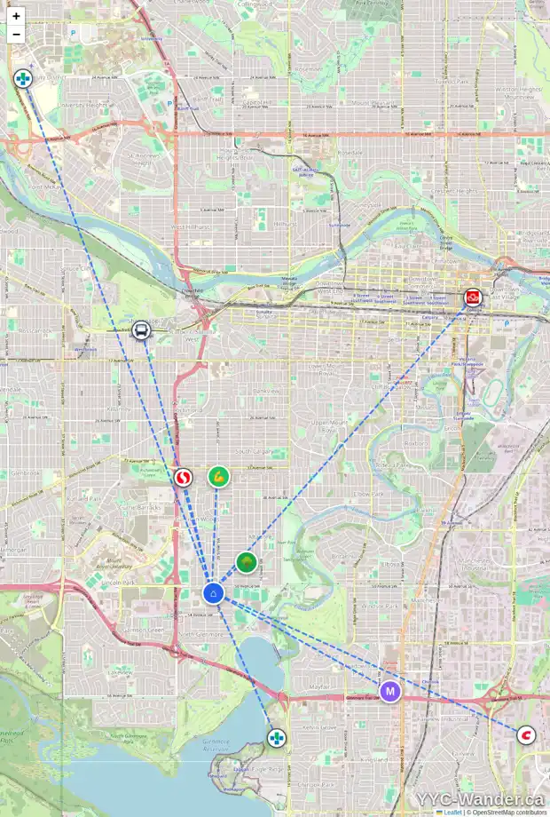 Daily accessibility map for 2124 51 AV SW, Calgary showing nearby schools, grocery stores, parks, LRT stations and nearby amenities