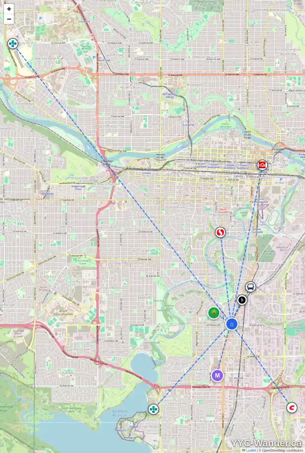 Daily accessibility map for 5016 STANLEY RD SW, Calgary showing nearby schools, grocery stores, parks, LRT stations and nearby amenities