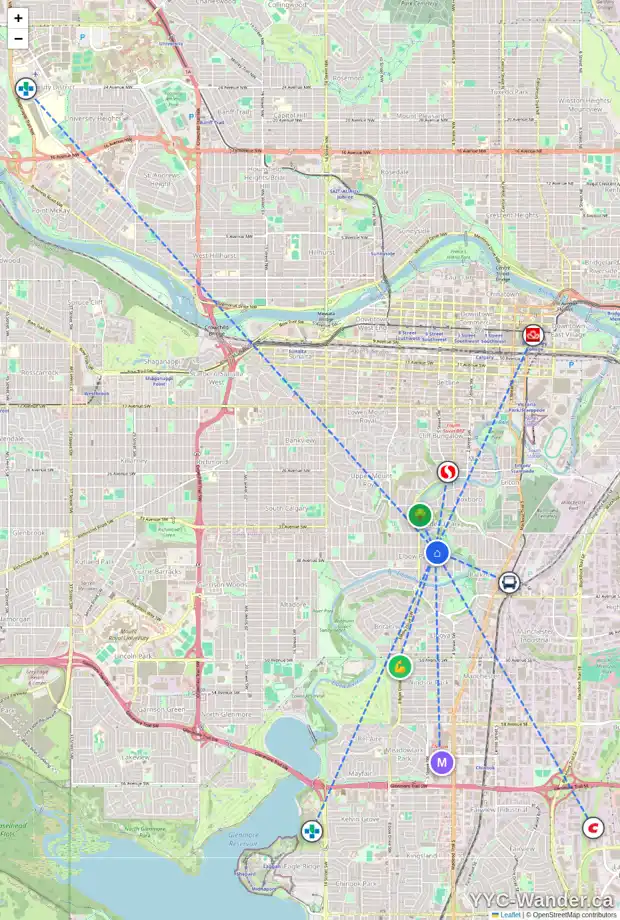 Daily accessibility map for 324 37 AV SW, Calgary showing nearby schools, grocery stores, parks, LRT stations and nearby amenities
