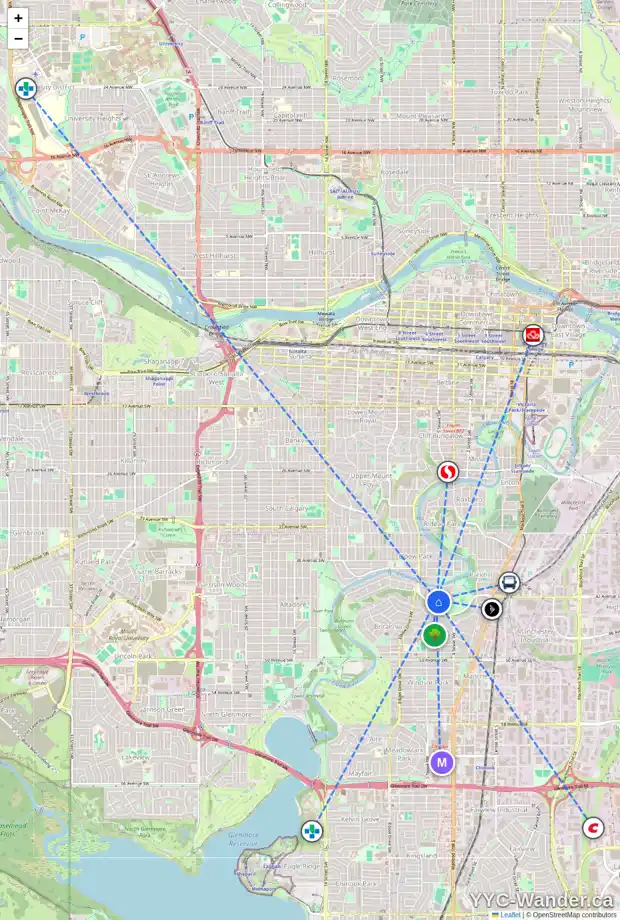 Daily accessibility map for 4240 5 ST SW, Calgary showing nearby schools, grocery stores, parks, LRT stations and nearby amenities