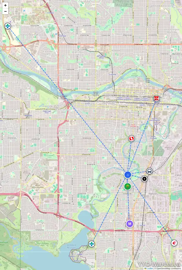 Daily accessibility map for 4217 5 ST SW, Calgary showing nearby schools, grocery stores, parks, LRT stations and nearby amenities