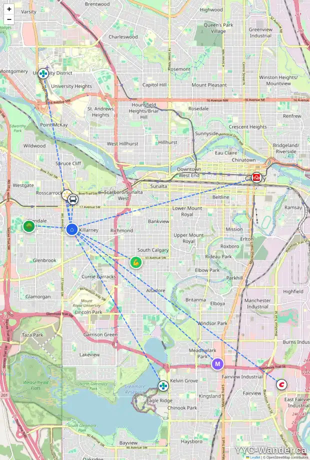 Daily accessibility map for 2431 34 ST SW, Calgary showing nearby schools, grocery stores, parks, LRT stations and nearby amenities