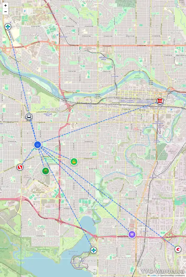 Daily accessibility map for 2815 30 ST SW, Calgary showing nearby schools, grocery stores, parks, LRT stations and nearby amenities