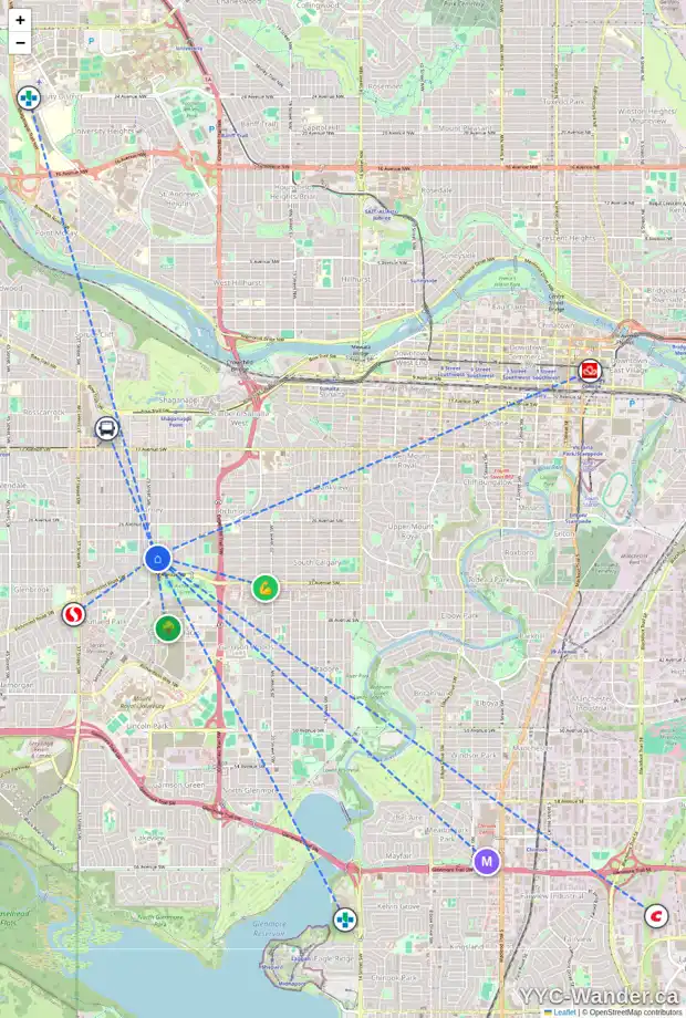 Daily accessibility map for 3209 28 ST SW, Calgary showing nearby schools, grocery stores, parks, LRT stations and nearby amenities